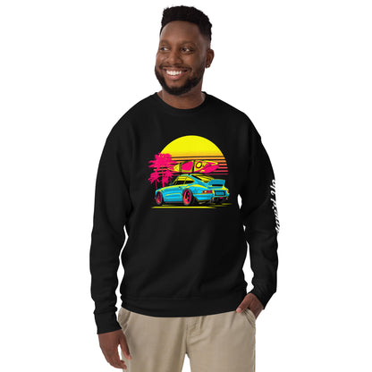 Amp'd Up Custom Sunset Porsche Sweatshirt in black featuring vibrant graphic design