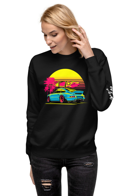 Sunset Porsche Sweatshirt featuring a vibrant graphic of a Porsche with palm trees and a sunset backdrop