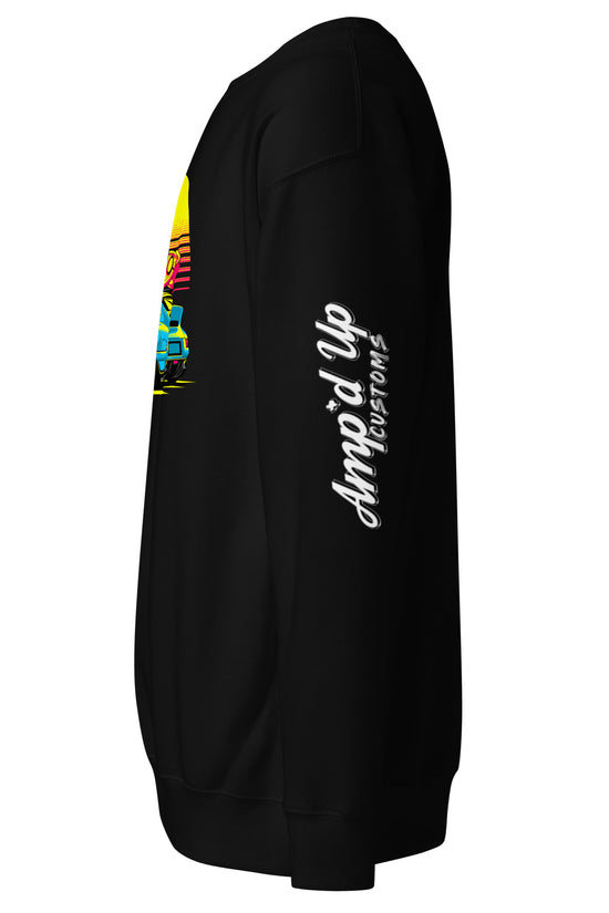 Side view of black Sunset Porsche Sweatshirt by Amp'd Up Custom featuring colorful graphic design