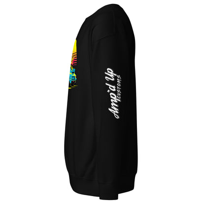 Side view of black Sunset Porsche Sweatshirt by Amp'd Up Custom featuring colorful graphic design