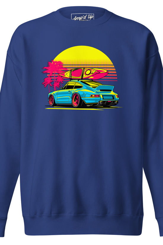 Amp'd Up Custom Sunset Porsche Sweatshirt featuring a vibrant graphic of a car and surfboard