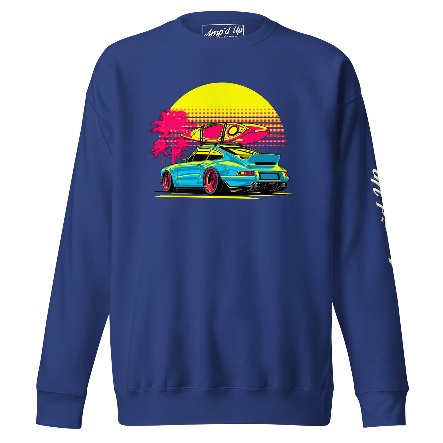 Amp'd Up Custom Sunset Porsche Sweatshirt featuring a vibrant graphic of a car and surfboard