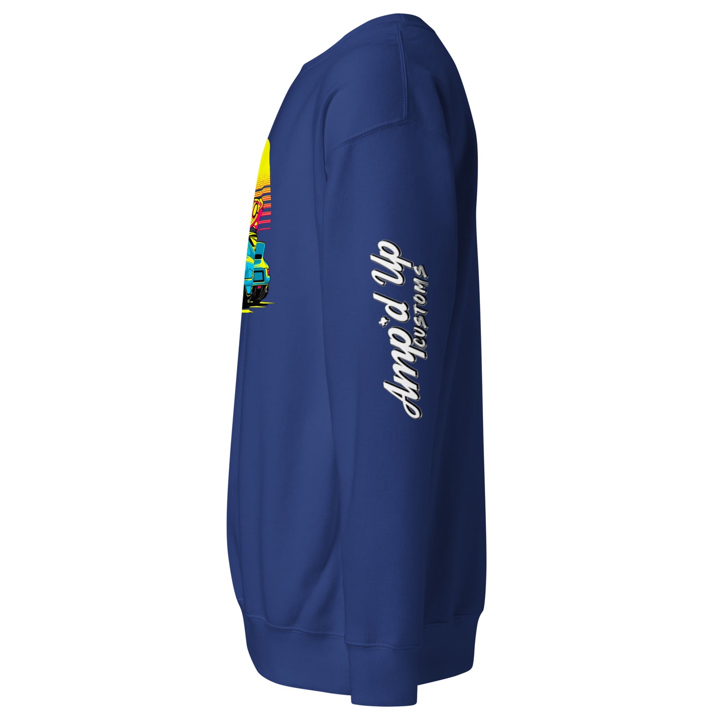 Side view of a blue Sunset Porsche Sweatshirt from Amp'd Up Custom featuring a vibrant graphic design