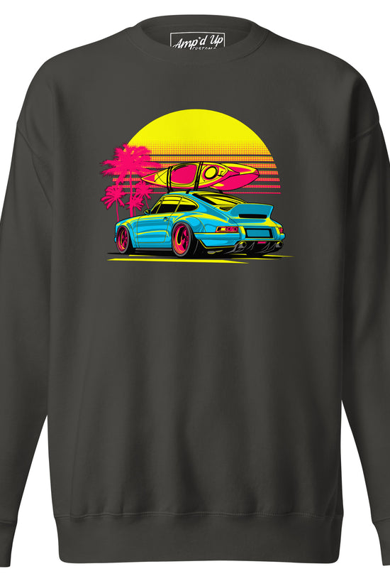 Sunset Porsche Sweatshirt featuring a vibrant design with a car and surfboard against a sunset backdrop