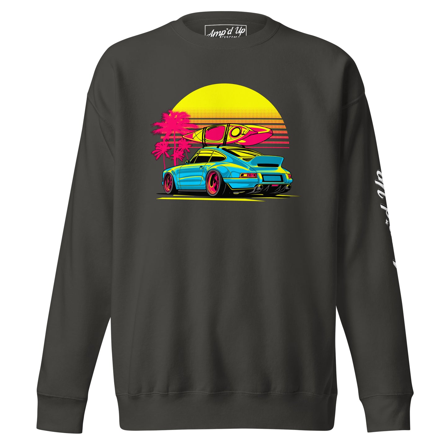 Sunset Porsche Sweatshirt featuring a vibrant design with a car and surfboard against a sunset backdrop