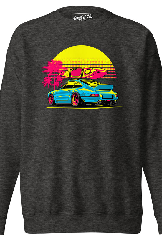 Sunset Porsche Sweatshirt featuring vibrant graphic design with a car, surfboard, and palm trees