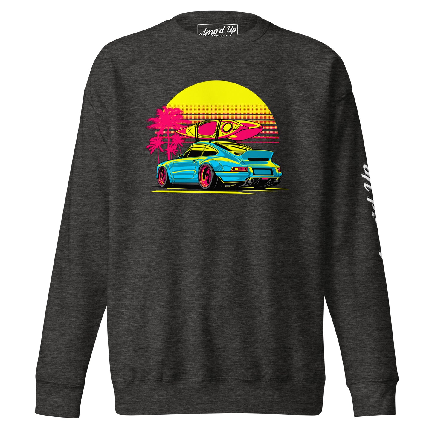 Sunset Porsche Sweatshirt featuring vibrant graphic design with a car, surfboard, and palm trees