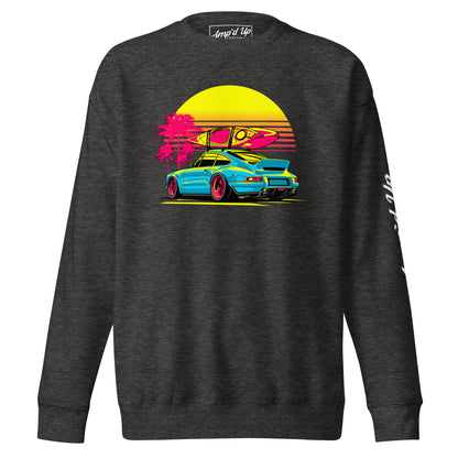 Sunset Porsche Sweatshirt featuring vibrant graphic design with a car, surfboard, and palm trees