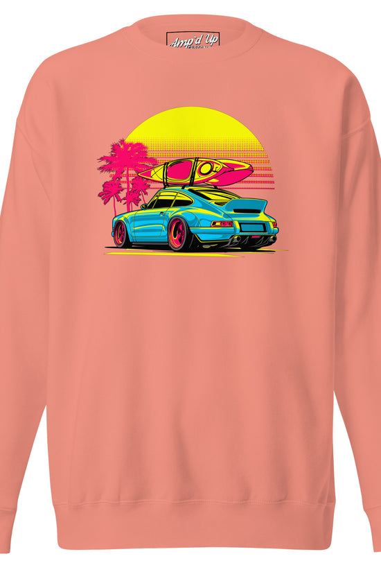 Amp'd Up Custom Sunset Porsche Sweatshirt in Coral with Vibrant Surf and Palm Tree Design