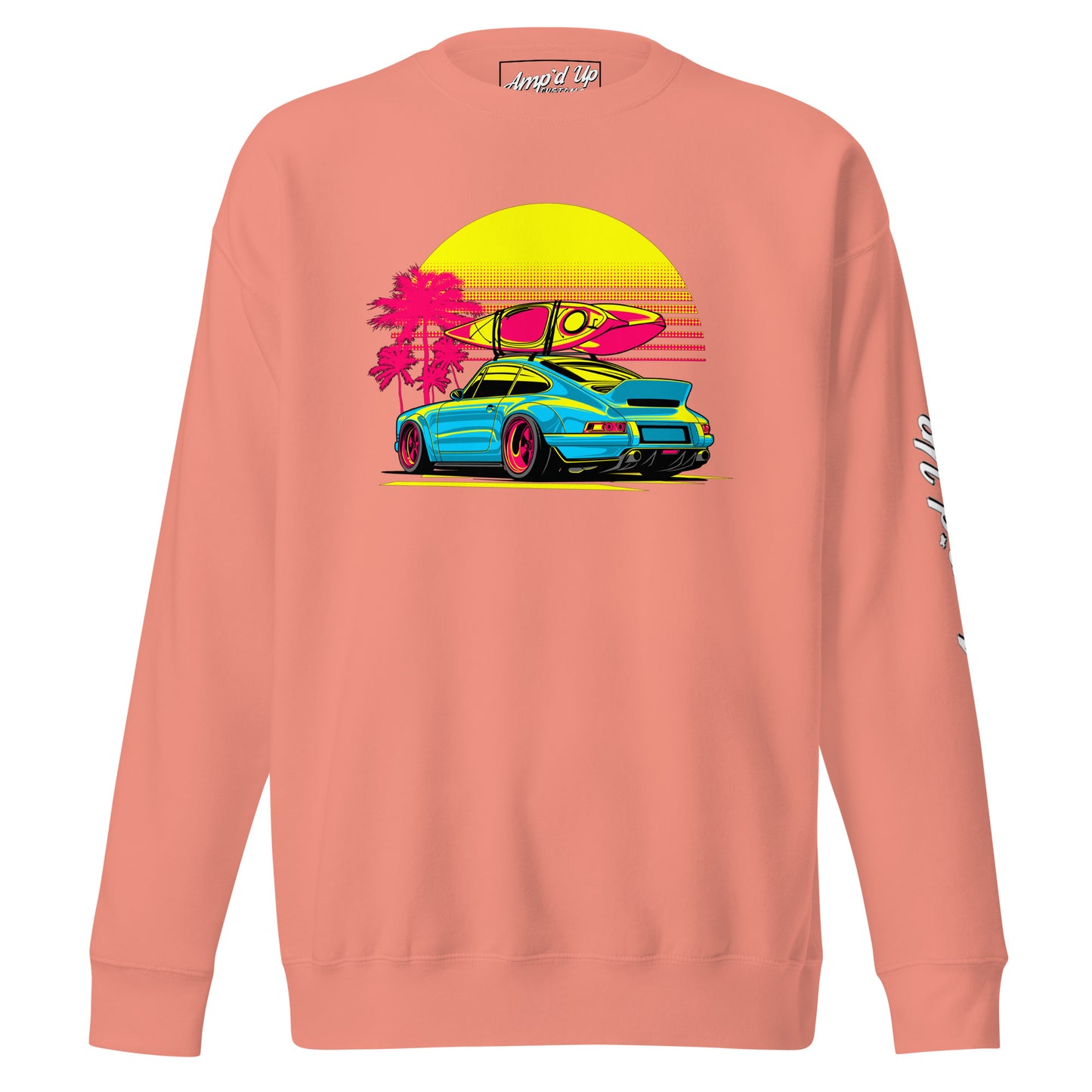 Amp'd Up Custom Sunset Porsche Sweatshirt in Coral with Vibrant Surf and Palm Tree Design