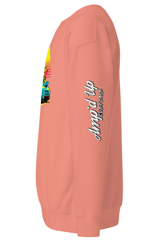 Sunset Porsche Sweatshirt in Coral with Custom Amp'd Up Graphic Design