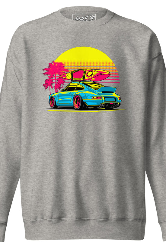 Sunset Porsche Sweatshirt featuring a vibrant car graphic with a surfboard and palm trees