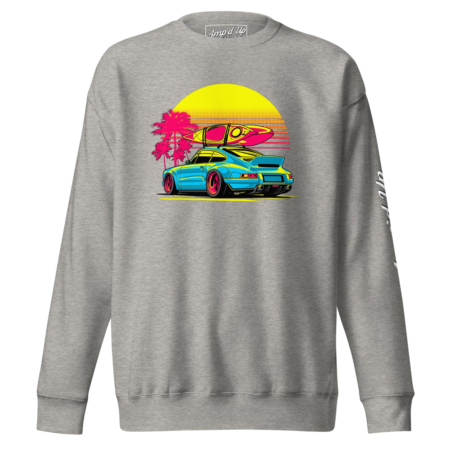 Sunset Porsche Sweatshirt featuring a vibrant car graphic with a surfboard and palm trees