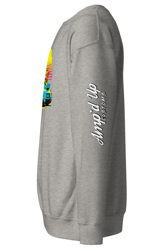 Gray Sunset Porsche Sweatshirt from Amp'd Up Custom with vibrant car graphics