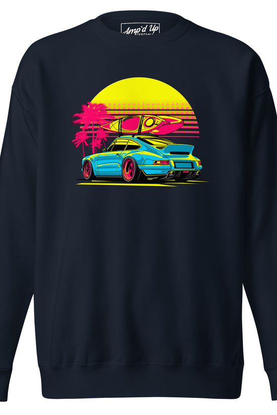 Sunset Porsche Sweatshirt featuring a vibrant design with a car, surfboard, and palm trees