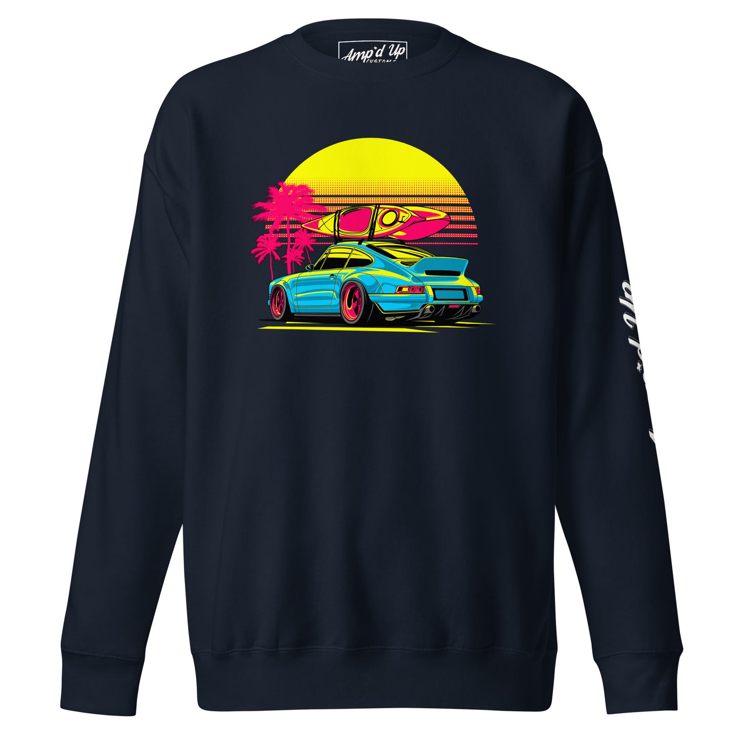 Sunset Porsche Sweatshirt featuring a vibrant design with a car, surfboard, and palm trees