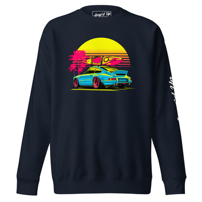 Sunset Porsche Sweatshirt featuring a vibrant design with a car, surfboard, and palm trees