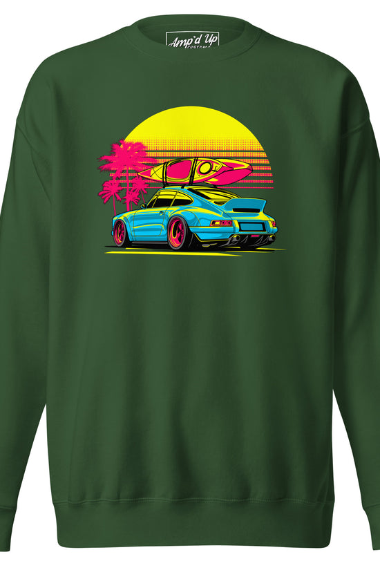 Amp'd Up Custom Sunset Porsche Sweatshirt featuring vibrant beach graphics and a luxury car design