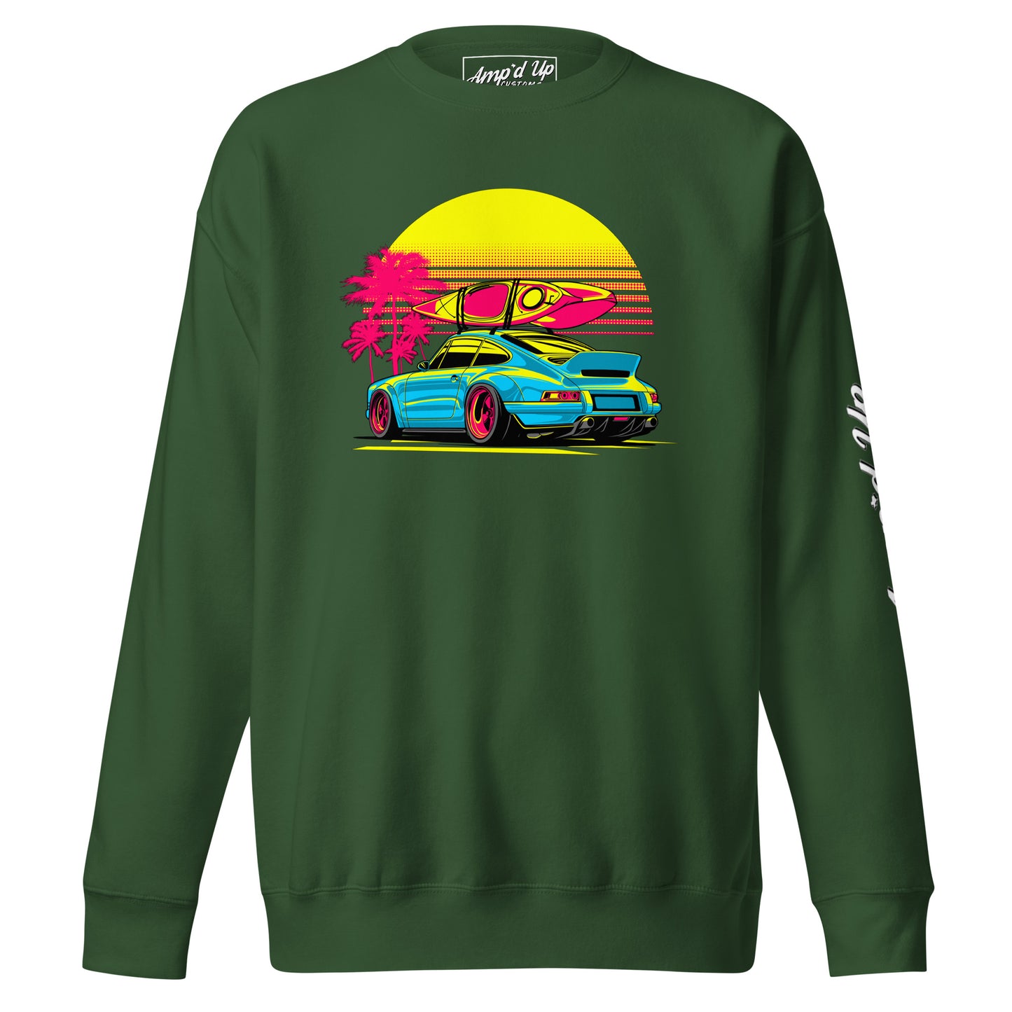 Amp'd Up Custom Sunset Porsche Sweatshirt featuring vibrant beach graphics and a luxury car design