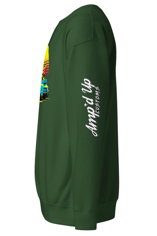 Green Sunset Porsche Sweatshirt from Amp'd Up Custom featuring a vibrant car graphic