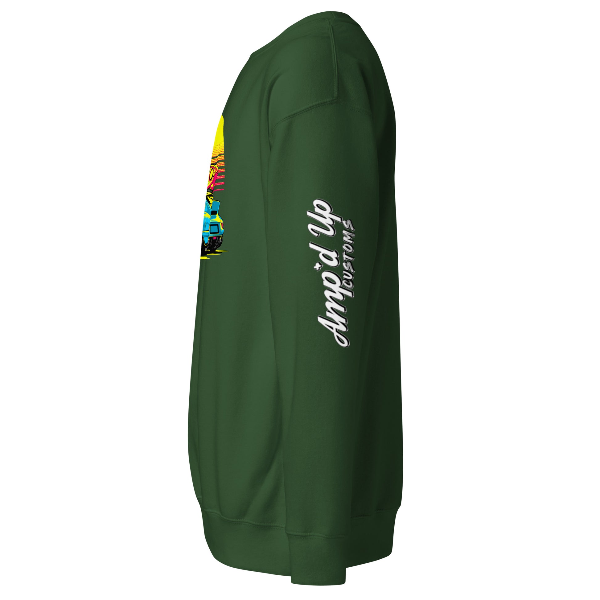 Green Sunset Porsche Sweatshirt from Amp'd Up Custom featuring a vibrant car graphic