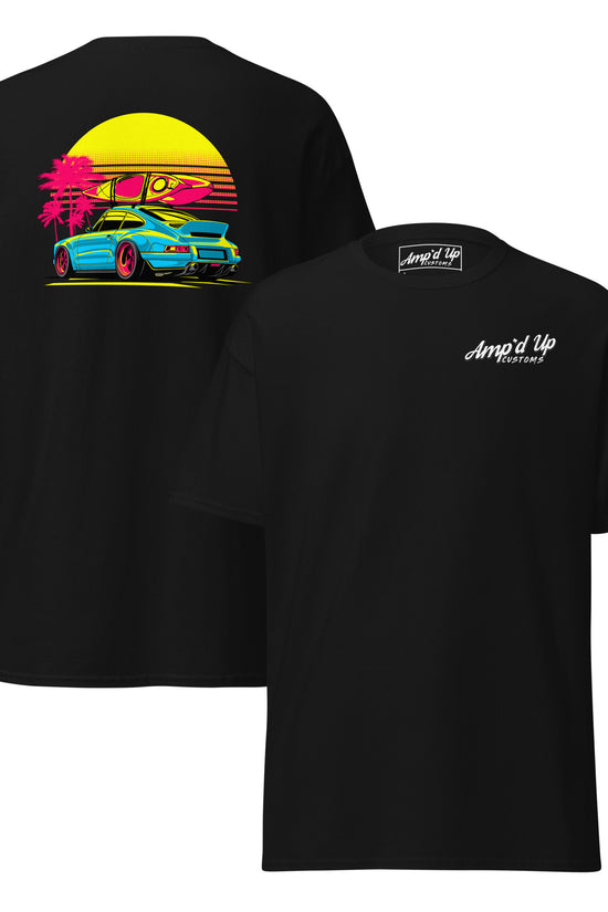 Back view of the Sunset Porsche T-Shirt featuring vibrant graphics with palm trees and a sunset