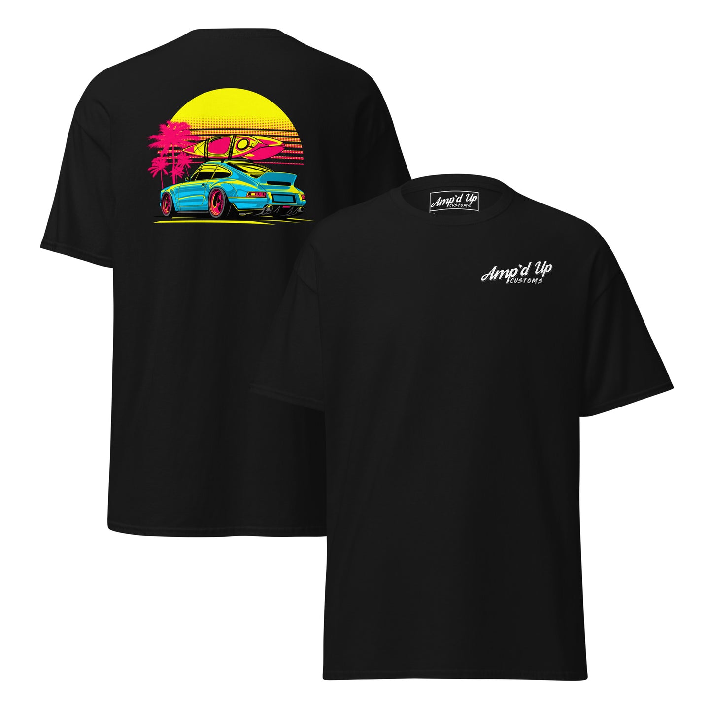 Back view of the Sunset Porsche T-Shirt featuring vibrant graphics with palm trees and a sunset
