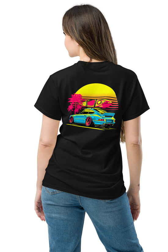 Back illustration of the Sunset Porsche T-Shirt featuring vibrant colors and a scenic design