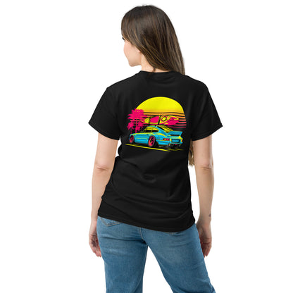 Back illustration of the Sunset Porsche T-Shirt featuring vibrant colors and a scenic design