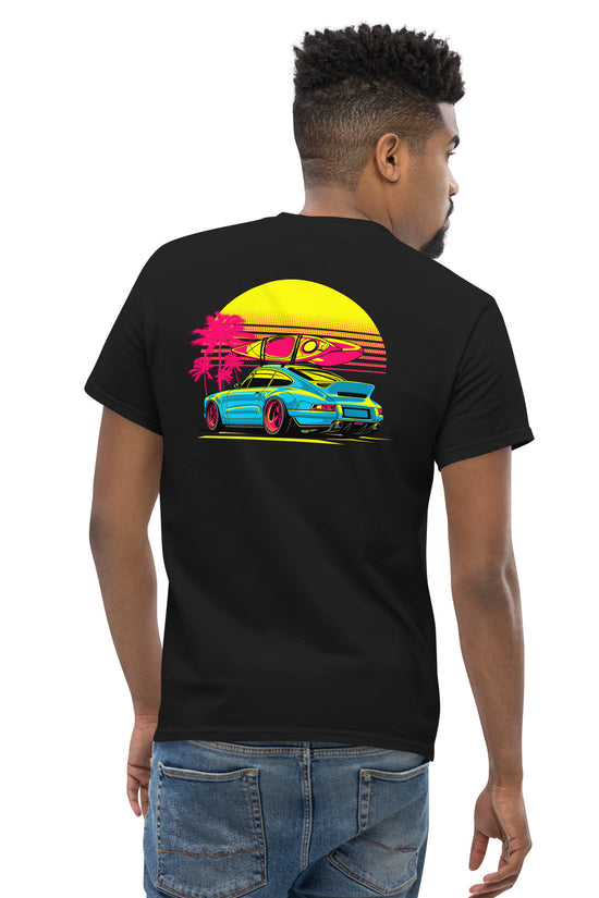 Sunset Porsche T-Shirt with vibrant back illustration featuring a Porsche and palm trees