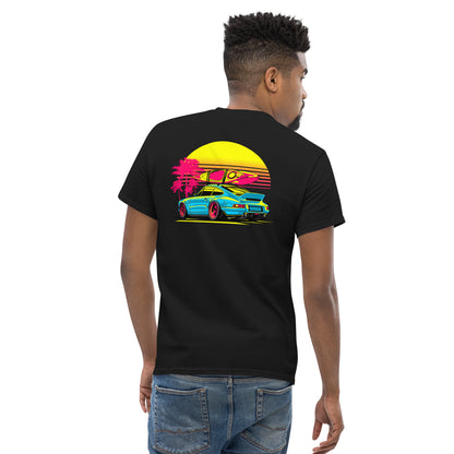 Sunset Porsche T-Shirt with vibrant back illustration featuring a Porsche and palm trees