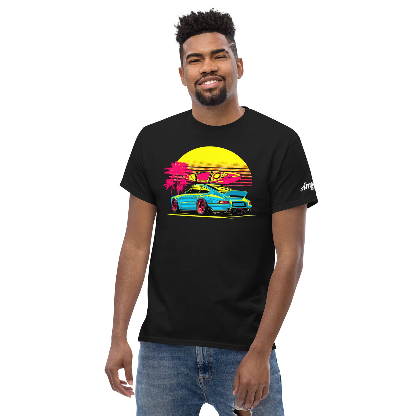 Amp'd Up Custom Sunset Porsche T-Shirt featuring vibrant car graphic against a sunset backdrop