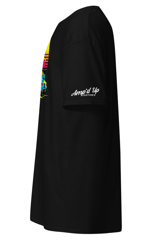 Amp'd Up Custom Sunset Porsche T-Shirt in black with vibrant graphic design