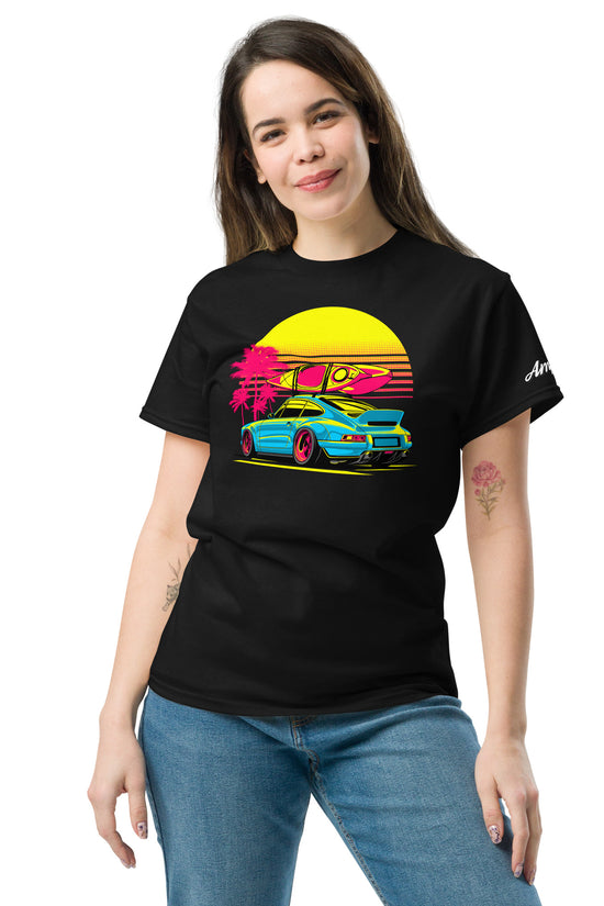 Sunset Porsche T-Shirt featuring vibrant car graphics and a sunset background, perfect for car enthusiasts