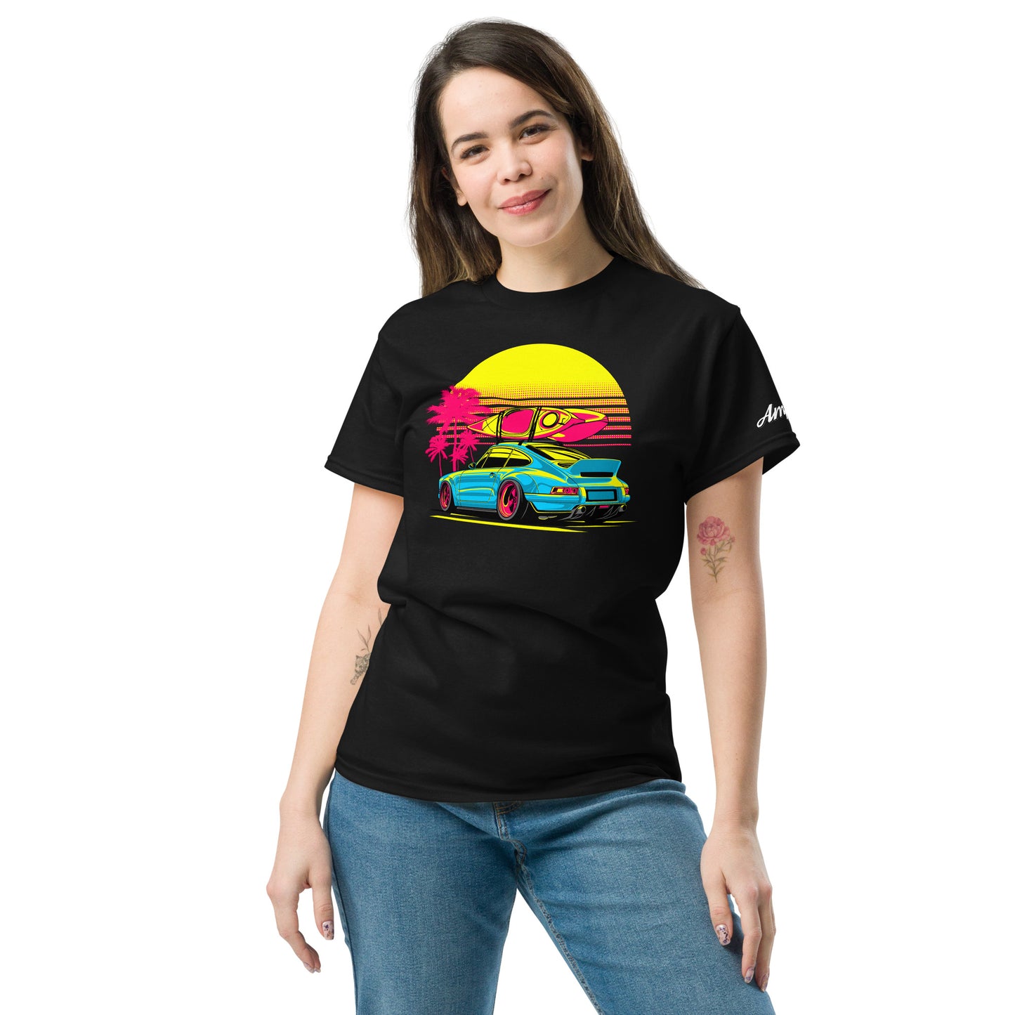 Sunset Porsche T-Shirt featuring vibrant car graphics and a sunset background, perfect for car enthusiasts