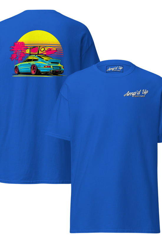 Sunset Porsche T-Shirt with vibrant back illustration featuring a Porsche against a sunset backdrop