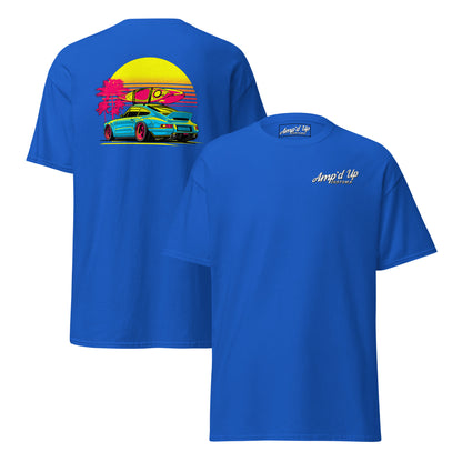 Sunset Porsche T-Shirt with vibrant back illustration featuring a Porsche against a sunset backdrop