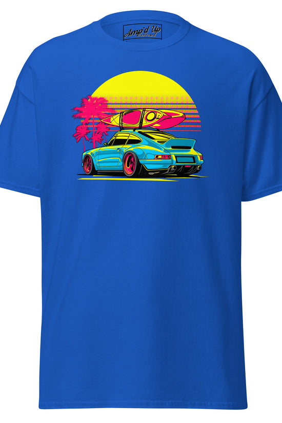 Amp'd Up Custom Sunset Porsche T-Shirt in Blue with Vibrant Surf and Palm Tree Design
