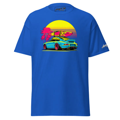 Amp'd Up Custom Sunset Porsche T-Shirt in Blue with Vibrant Surf and Palm Tree Design