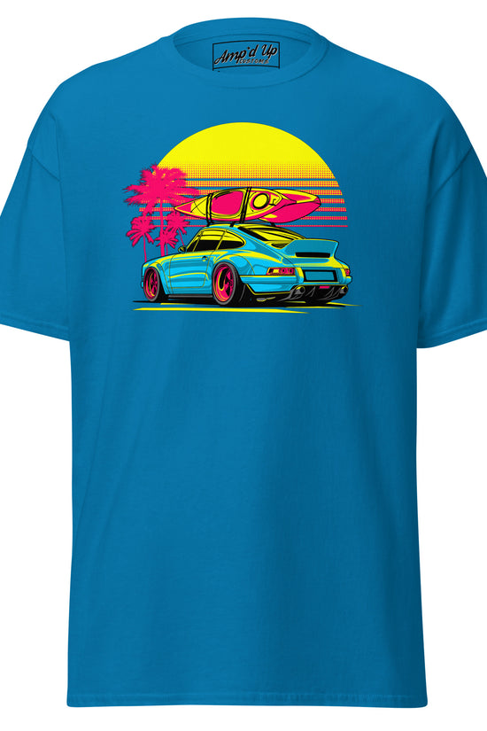Amp'd Up Custom Sunset Porsche T-Shirt in blue featuring a retro car and surfboard design