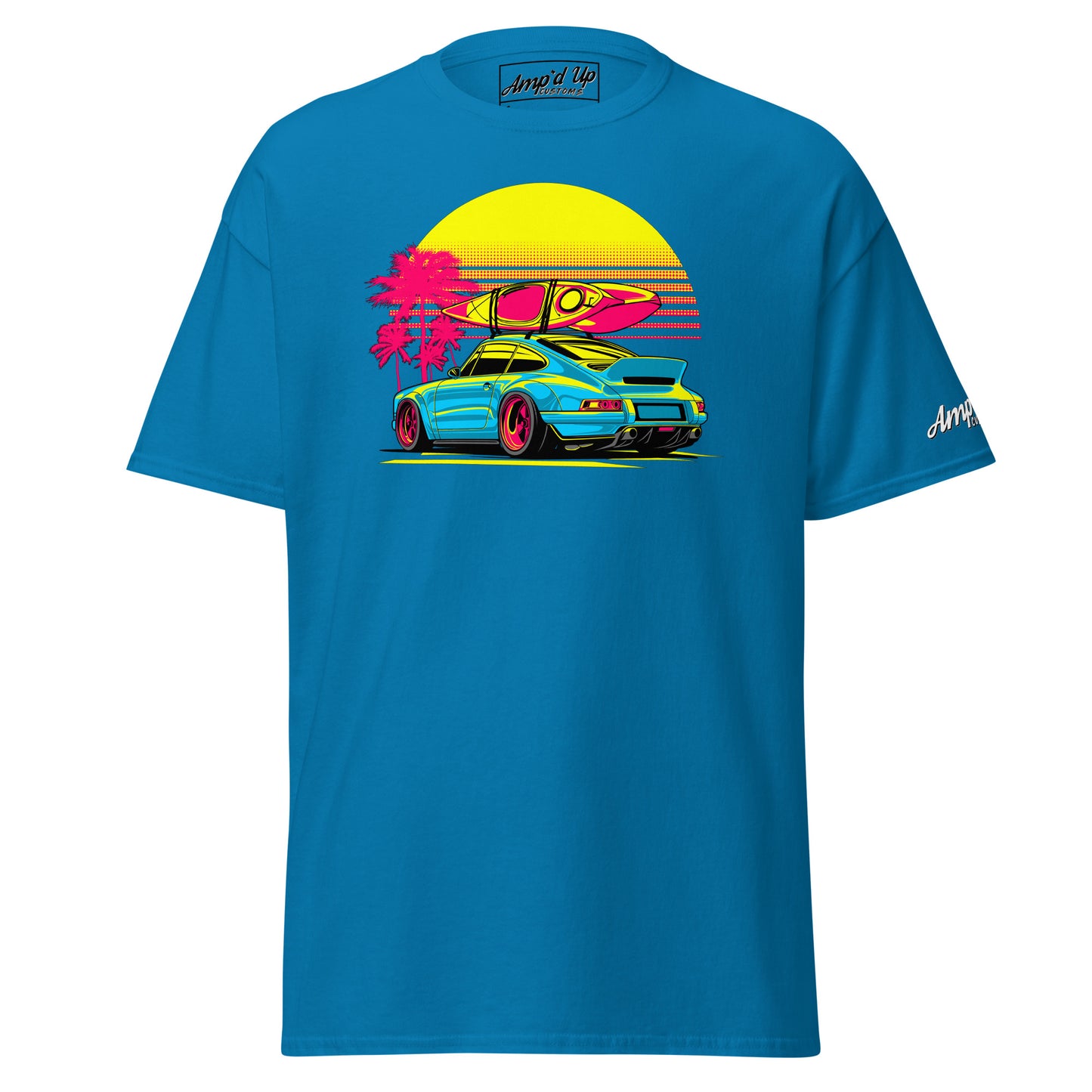 Amp'd Up Custom Sunset Porsche T-Shirt in blue featuring a retro car and surfboard design