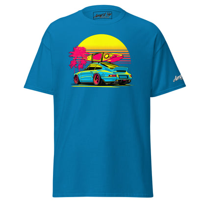 Amp'd Up Custom Sunset Porsche T-Shirt in blue featuring a retro car and surfboard design