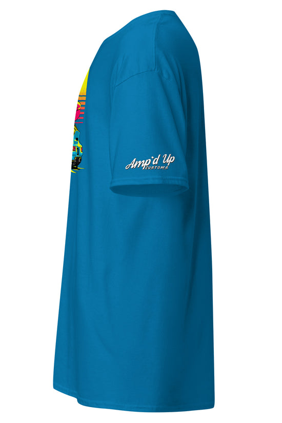 Side view of Sunset Porsche T-Shirt in vibrant blue, featuring a colorful design and Amp'd Up branding