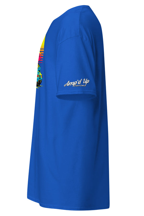 Side view of a vibrant blue Sunset Porsche T-Shirt featuring a colorful graphic design