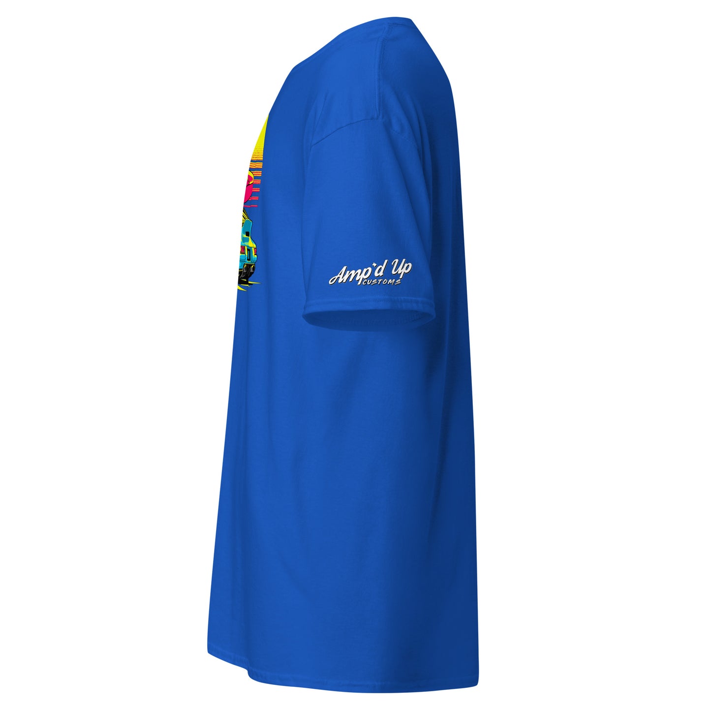 Side view of a vibrant blue Sunset Porsche T-Shirt featuring a colorful graphic design