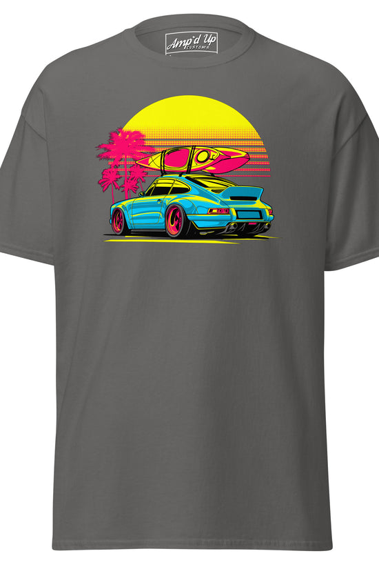 Sunset Porsche T-Shirt featuring a vibrant graphic of a Porsche and surfboard against a sunset backdrop