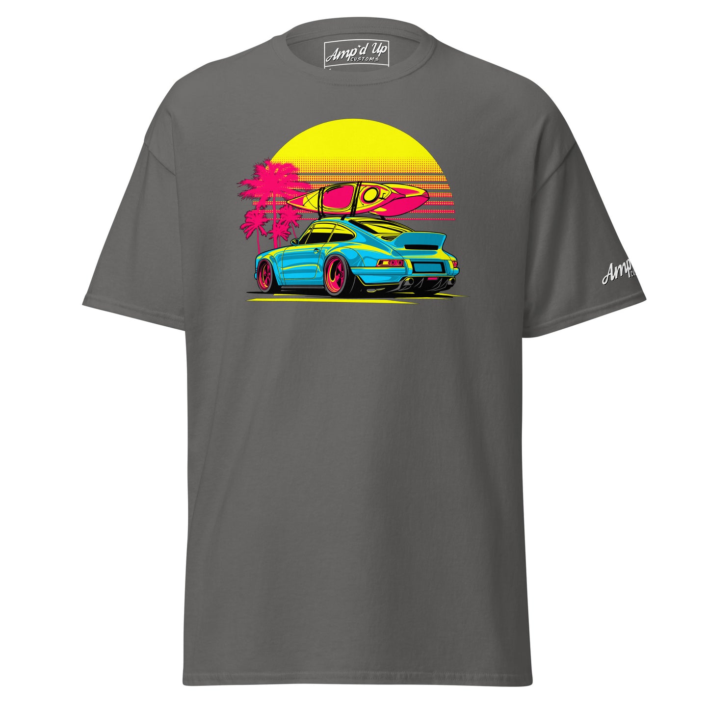 Sunset Porsche T-Shirt featuring a vibrant graphic of a Porsche and surfboard against a sunset backdrop