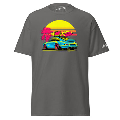 Sunset Porsche T-Shirt featuring a vibrant graphic of a Porsche and surfboard against a sunset backdrop