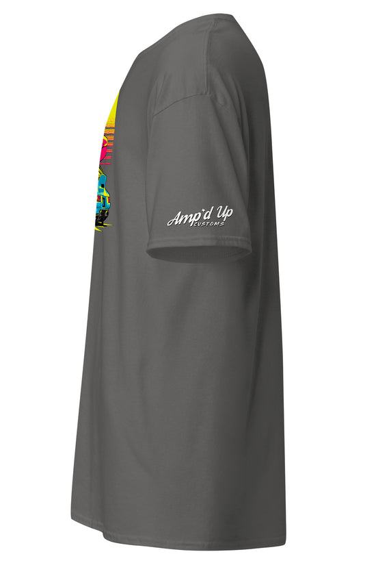 Amp'd Up Custom Sunset Porsche T-Shirt in gray with vibrant sunset graphic design