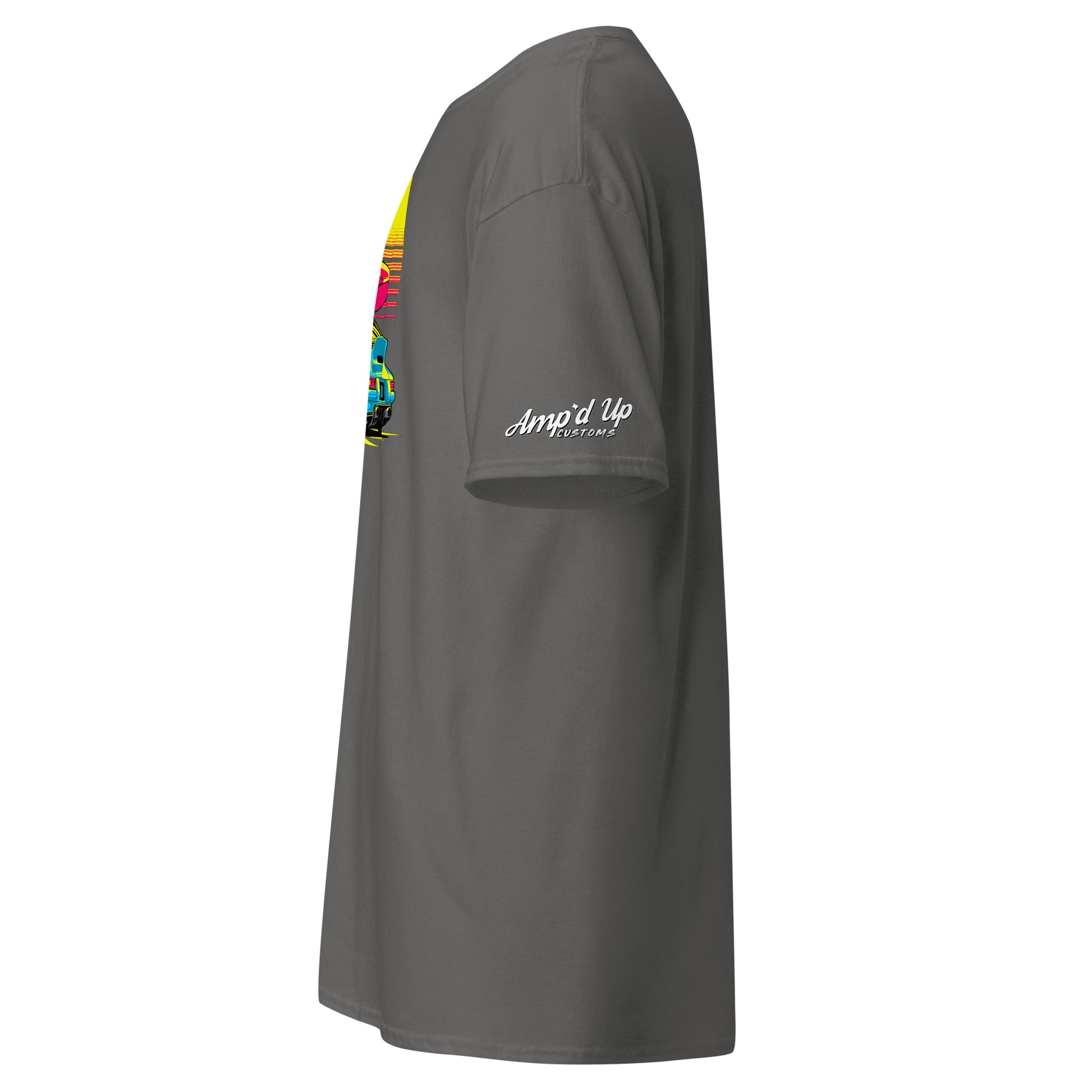 Amp'd Up Custom Sunset Porsche T-Shirt in gray with vibrant sunset graphic design
